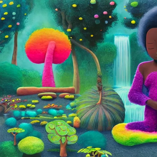 Prompt: a black girl with a colorful afro and big beautiful eyes meditating in an african zen garden with a waterfall!! and a baobab tree, bokeh!, bright colors, synthwave, watercolor, volumetric wool felting, felt, macro photography, children illustration, by goro fujita