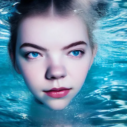 Image similar to a beautiful girl like anya taylor - joy floating under the deep water, white petal, by personal photography, art by brookskim, closeup, 4 k, highly detailed, instagram,