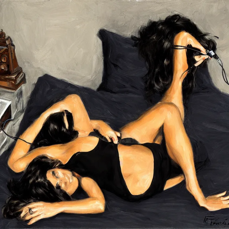 Image similar to Ground Level Shot, long shot of a beautiful dark haired woman wearing a black dress, laying on her back on a bed, holding old telephone hand peice with twisted cable by fabian perez