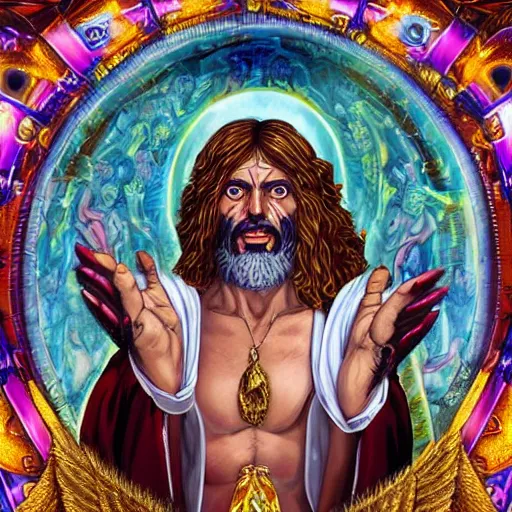 Image similar to 4K headshot portrait of godlike Pimp of Nazareth with defined arms and open hands and bloody clothes with giant mandala wings , intricate face , flawless anime cel animation by Kentaro Miura, psychedelic , highly detailed upper body , professionally post-processed , beautiful, scary, symmetry accurate features, epic, octane rendered, anime masterpiece, accurate by Craig Mullins, ilya kuvshinov, krenz cushart, epic , artgerm trending on artstation by Edward Hopper and Dan Mumford and WLOP and Rutkovsky, beksinski carl spitzweg moebius and tuomas kocar, intricate artwork by caravaggio, Unreal Engine 5, Lumen, Nanite