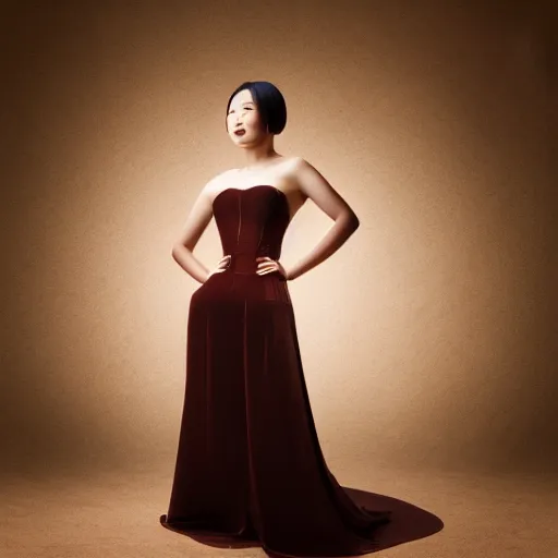 Prompt: an asian woman wearing a beautiful evening gown made of dark chocolate. studio lighting, high quality, high resolution