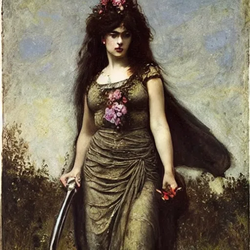 Image similar to portrait of persephone as goddess of death, action heroine by alfred stevens