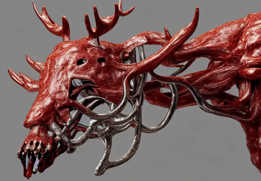 Image similar to stylized shiny polished silver statue full body bizarre extra limbs cosmic horror quadruped animal moose deer skull four legs made of marble of slug worm creature tendrils perfect symmetrical body perfect symmetrical face hyper realistic hyper detailed by johannen voss by michelangelo octane render blender 8 k displayed in pure white studio room anatomical deep red arteries veins flesh animatronic