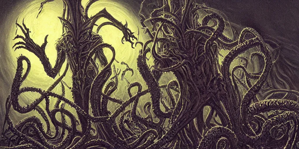 Image similar to elder god nyarlathotep lovecraftian h. p, terror, art by paulc carrick, dave carson, john coulthart, lee brown coye, h. r giger, stephen hickman, 8 k, hd, illumination, lighting, raytracting, dark, lovecraft, arkham, grotesque