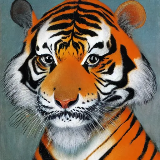 Image similar to man anthropomorphic portrait furry orange ears Mike tyson the champion camouflaged as a tiger wearing a black shirt norman rockwell robert rauschenberg nelson shanks giorgio de chirico