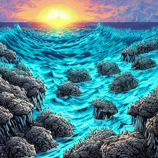 Image similar to a mountain of skulls amidst the ocean, photograph, realistic, morning light, dan mumford color scheme