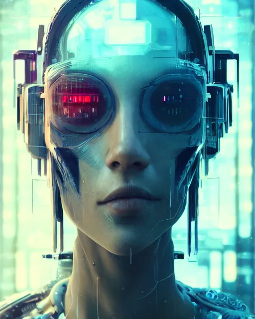 Image similar to portrait of a cyberpunk cyborg. sci - fi, intricate abstract upper body intricate, wlop, concept art, octane render, deviantart, greg rutkowski, cinematic, key art, hyperrealism,