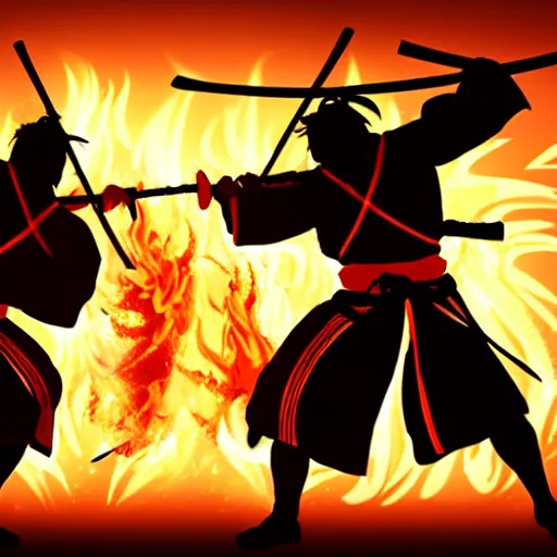 Prompt: Two samurais with flaming swords fighting, 8k, concept art, elegant, cinematic lighting,