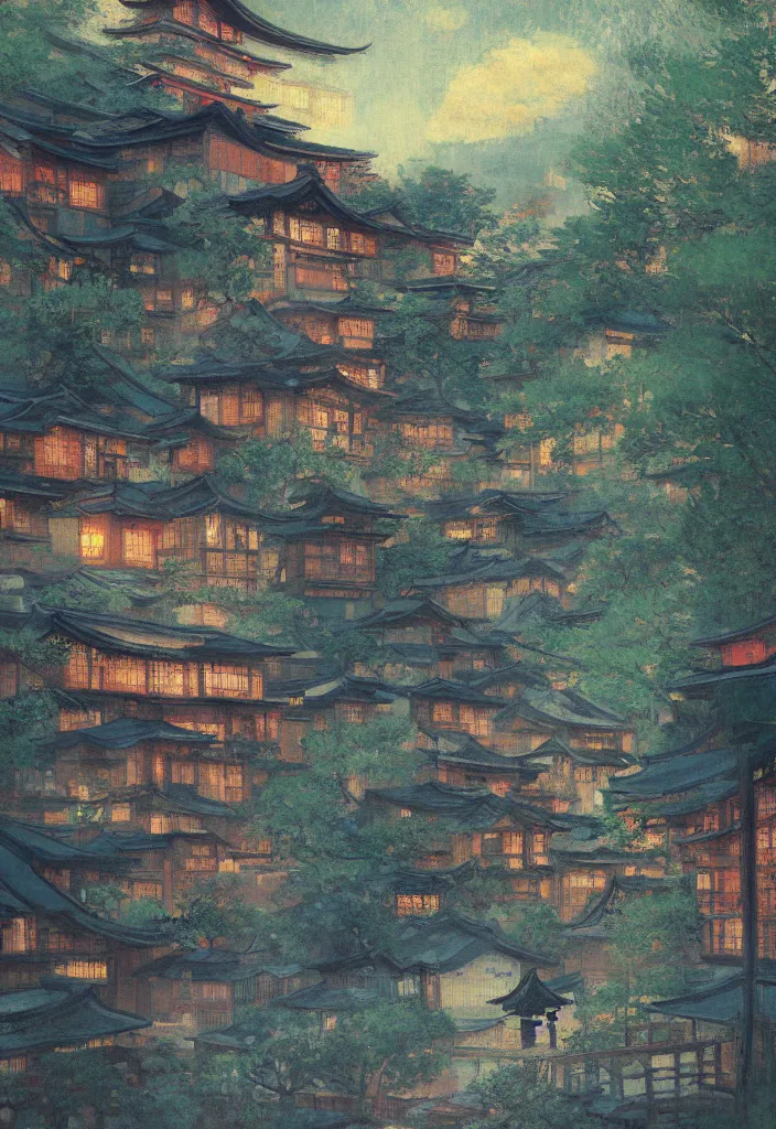 Image similar to a japanese city in the mountain, ryokans and edo era houses, yokai walking around, epic cyberpunk, lofi, vivid colors, amazing light, beautiful nature, by jeremy lipkin, by claude monet, heavily inspired by makoto shinkai, kandinsky touches, inspired by ghibli, masterpiece, beautiful, multiple brush strokes, impressionist style, high contrast