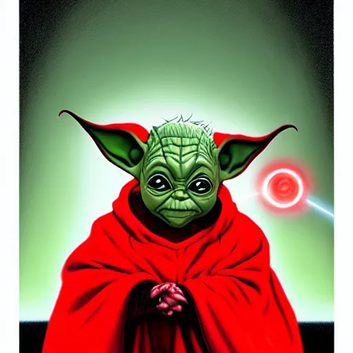 Image similar to portrait of hooded evil baby yoda as a sith, red power, dark background by ross tran, dark side, imperial march, artwork by ralph mcquarrie + cory loftis + paul lehr