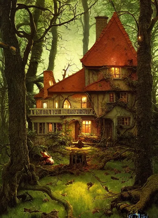 Image similar to hyper realistic homely witch cottage rococo in the woods gorgeous lighting, highly detailed, lush forest painting by norman rockwell, james gurney zdzisław beksinski and norman rockwell and greg rutkowskiweta studio