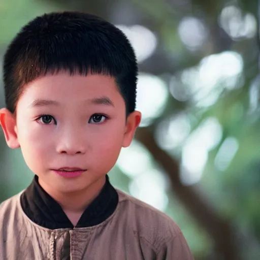 Prompt: cinematic still light skin vietnamese 6 year old boy in star wars, slight underbite, heart shaped face, round cheeks, crew cut hair