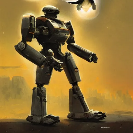 Image similar to award winner movie poster, mecha with penguin helmet, by greg rutkowski