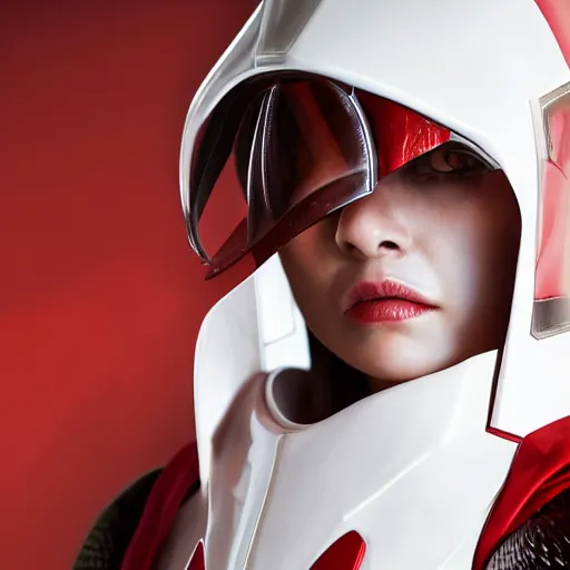 Image similar to headshot of a beautiful female soldier in glossy sleek white armor and a long red cape, looking up at camera, determined expression, no helmet, on the surface of mars, night time, cinematic, sci-fi, hyperrealistic