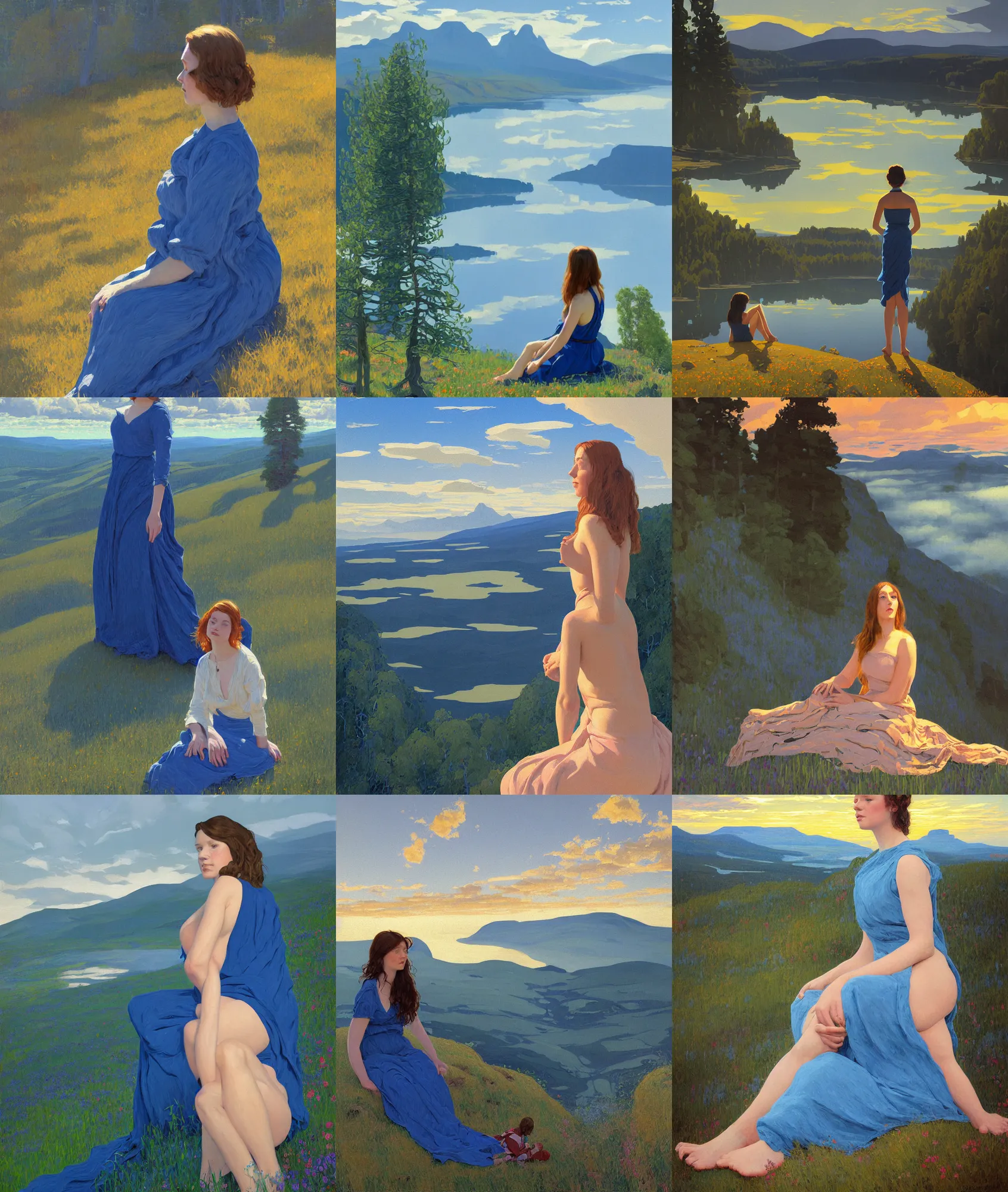 Prompt: sitting girl in blue maxi between clouds above lakes and forests in sunset light, american nature, portrait, elegant, intricate, digital painting, artstation, concept art, smooth, sharp focus, illustration, painting in the style of ed mell and Daniel F. Gerhartz and Jacek Malczewski and gustav klimt and tibor nagy