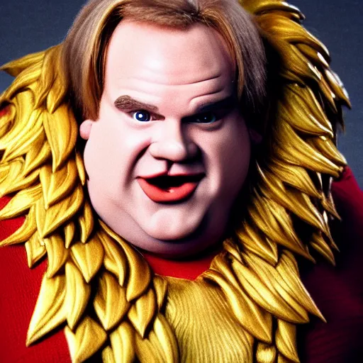 Image similar to snl chris farley as the cowardly lion of oz, studio poster photography, trending on artstation, featured on deviantart, award winning costume