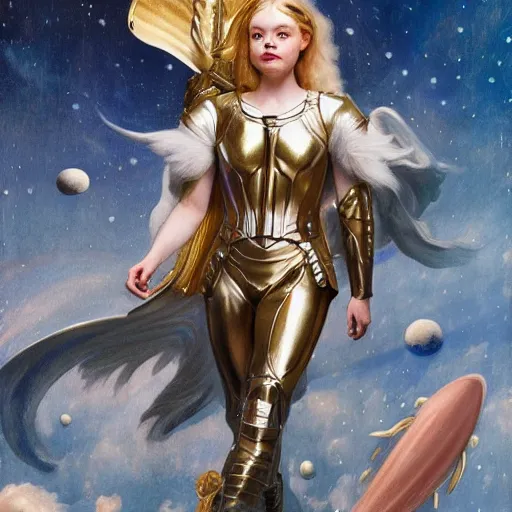 Prompt: Elle Fanning as a Valkyrie in space, artstation, by J. C. Leyendecker and Peter Paul Rubens, Extremely detailed. 8K. Award winning.