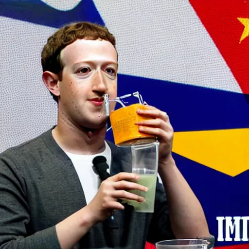 Image similar to mark zuckerberg drinking chinese tea with a banner in the background privacy please