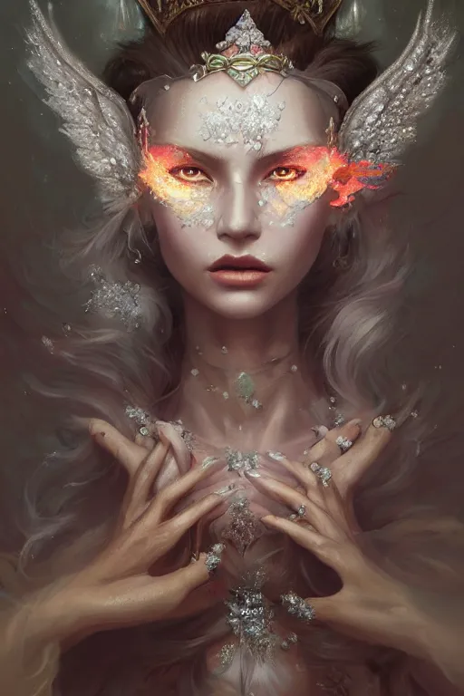 Image similar to beautiful princess with face covered with diamonds wearing frost velvet, diamonds, angel, fantasy, dramatic lighting, highly detailed, digital painting, magic the gathering, hyper detailed, 3 d render, hyper realistic detailed portrait, peter mohrbacher, wlop, ruan jia