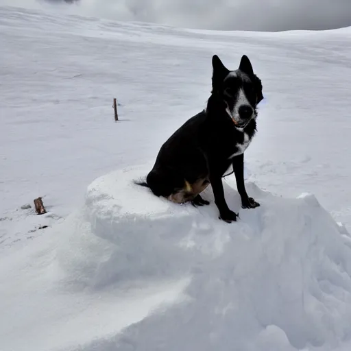 Image similar to a dog on the top of a snow mountain