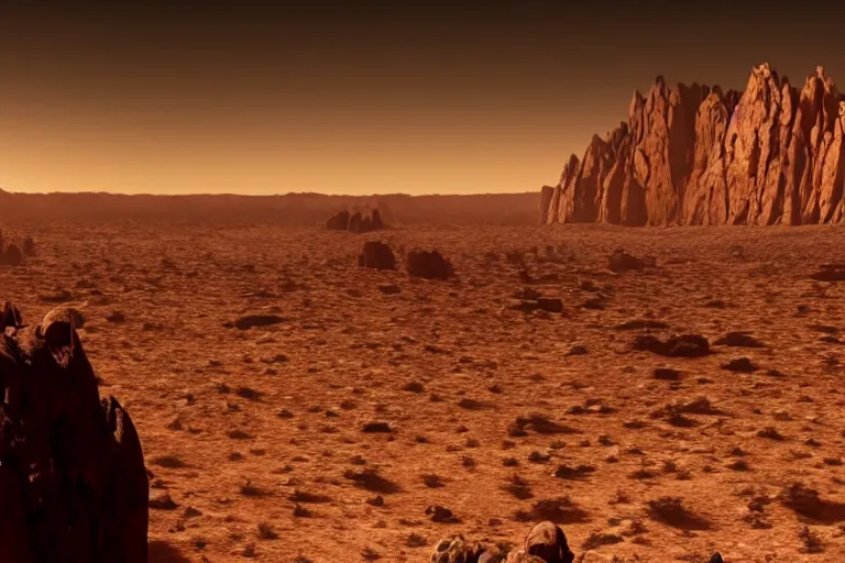 Image similar to A stunning, epic, cinematic film still of a desert planet with rocky cliffs in the distance.