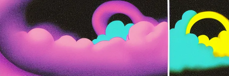 Image similar to graphic novel illustration of pink and purple clouds spiraling into a black hole, cyan lightning, digital illustration, visual novel