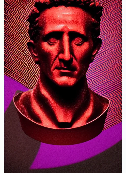 Prompt: black background with subtle red and purple design elements, bust of julius caesar, nekro, modern design, collage art, thin lines, dark, glitch art, neo vaporwave, gritty, layout frame, trending on artstation