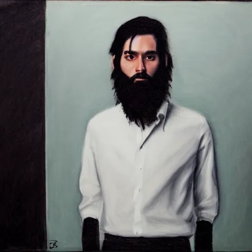 Prompt: a drawing of a man with black hair and beard, wearing a black jacket, white shirt and jeans, standing in a dimly lit room, looking confused, camera is far away, vivid colors, soft lighting, atmospheric, cinematic, moody, oil on canvas, 8 k