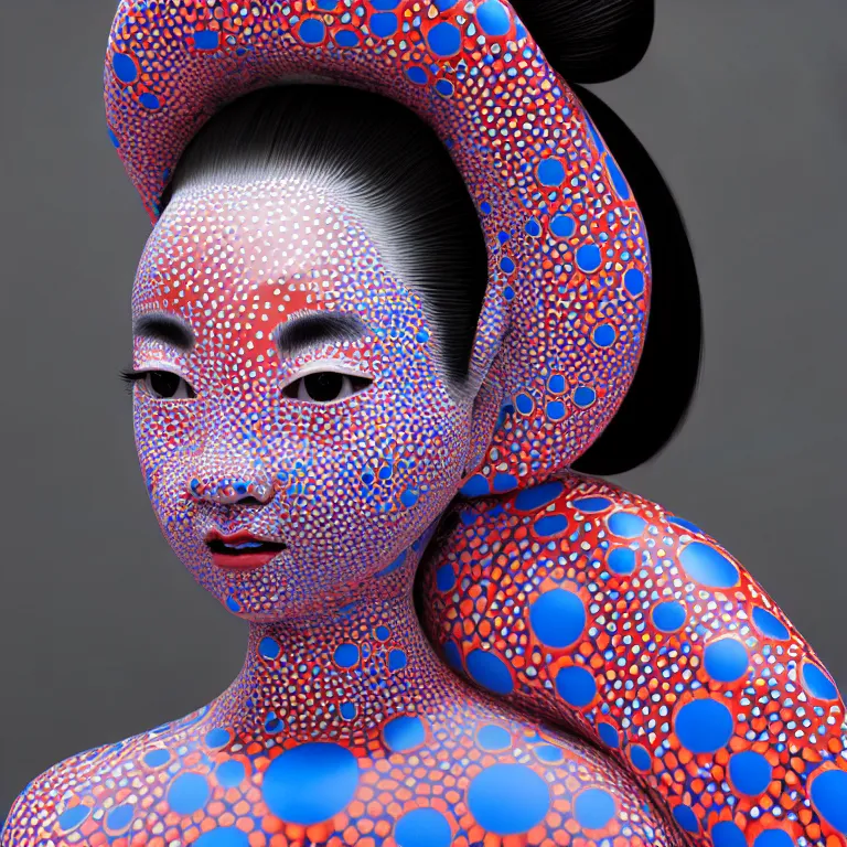 Image similar to hyperrealistic detailed image of a geisha in a art installation room, hd smooth interior by yayoi kusama, part by kei mieno, part by ross tran, dark art by james jean, ultra realistic, highly detailed, life like face, detailed body, 8 k, 3 d render by roger magrini, very cohesive, masterpiece