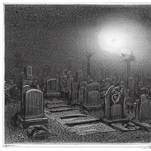 Image similar to nine steel barrels in a cemetery, creepy atmosphere, dark, realistic, illustration by gustave dore
