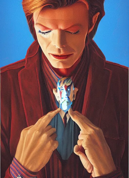 Image similar to twin peaks poster art, portrait of david bowie arriving in small town, by michael whelan, rossetti bouguereau, artgerm, retro, nostalgic, old fashioned