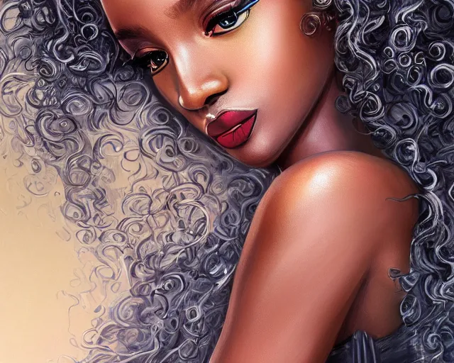 Image similar to A beautiful black skinned woman wearing a scarf with large lips and smooth eyebrows and curly hair, complimentary eyeliner, light blush and metallic eyeshadow, HD, illustration, epic, fantasy, intricate, elegant, amazing detail, digital painting, artstation, concept art, smooth, sharp focus, illustration, art by Turine Tran