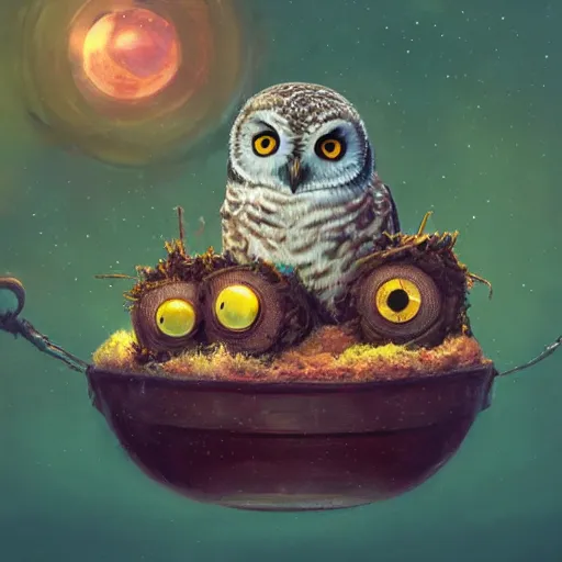 Image similar to long shot of a very cute owl chick nesting in a very futuristic cup, esao andrews, humorous illustration, hyperrealistic, big depth of field, warm colors, night scenery, low light, 3 d octane render, 4 k, conceptart, hyperdetailed, hyperrealistic, trending on artstation