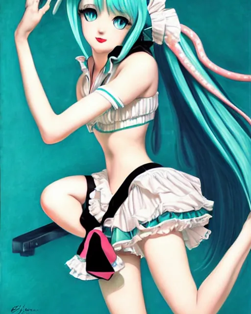 Image similar to Hatsune Miku by Gil Elvgren