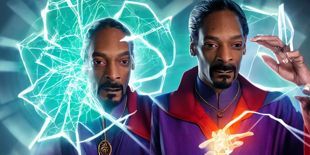 Prompt: snoop dogg as doctor strange, multiple dimensions, green light, marijuana leaves, shattered glass, refractions, highly detailed, environmental light, cinematic by francis tneh