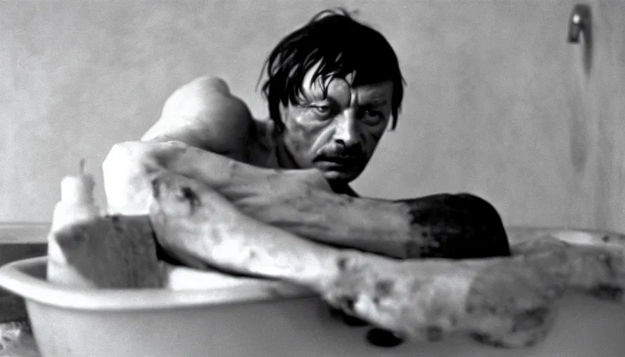 Prompt: 1 9 6 0 s movie still by tarkovsky of jean - paul marat a knife stuck in the chest in his bath, cinestill 8 0 0 t 3 5 mm b & w, high quality, heavy grain, high detail, panoramic, cinematic composition, dramatic light, anamorphic, raphael style, piranesi style, bloody