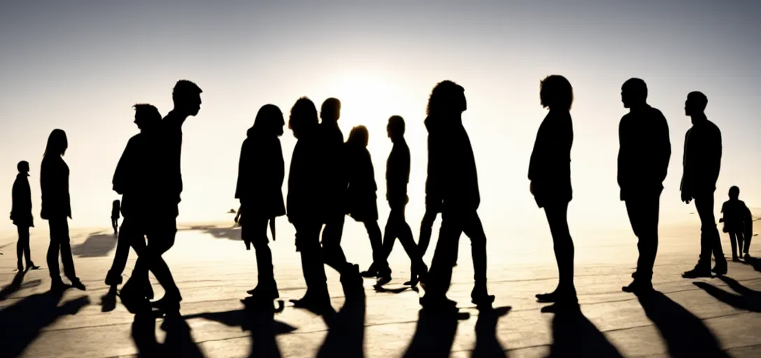 Image similar to multiple sensual silhouettes interacting, long shadows, on white