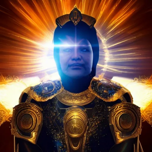 Prompt: the emperor of the sun wearing a golden armor standing on the throne, cinematic, lens flare, dust particle effects