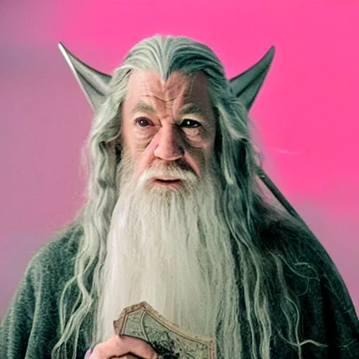 Image similar to portrait of gandalf, pink bowtie in his long white hair, holding a blank playing card up to the camera, movie still from the lord of the rings