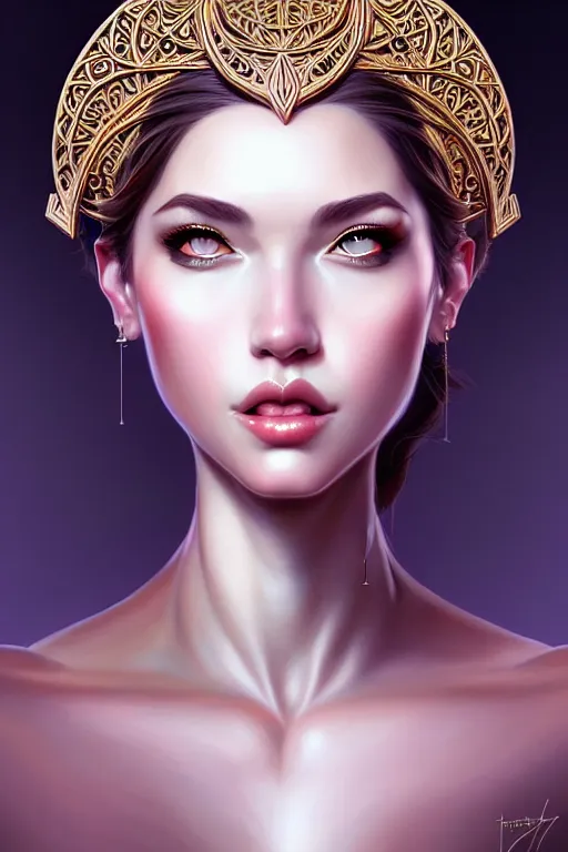 Prompt: portrait of the Goddess of Wisdom, elegant, intricate, full frontal shot, highly detailed, digital painting, artstation, concept art, sharp focus, illustration, art by artgerm