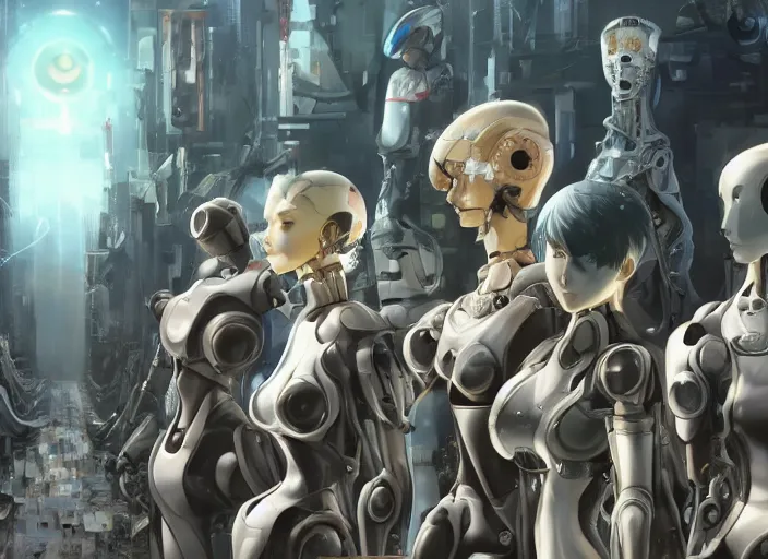 Image similar to a group of robots find the ancient resting place of their noble leader, digital painting masterpiece, advanced lighting technology, stylized yet realistic anatomy and face, gorgeous, by shigenori soejima and bastien vives and balak and michael sanlaville, 4 k wallpaper, cinematic, gorgeous brush strokes, coherent and smooth