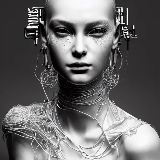 Image similar to the portrait of an absurdly beautiful, graceful, sophisticated, fashionable cyberpunk gravure idol, an ultrafine hyperdetailed illustration by kim jung gi, irakli nadar, matt wisniewski, fashion photography, intricate linework, iridescent wiring, porcelain skin, unreal engine 5 highly rendered, global illumination, radiant light, detailed and intricate environment