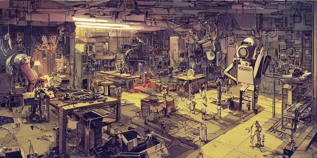 Image similar to robot repair shop, girl working on an android, broken robots on the ground, neons, indoor, concept art by jean claude mézières and enki bilal