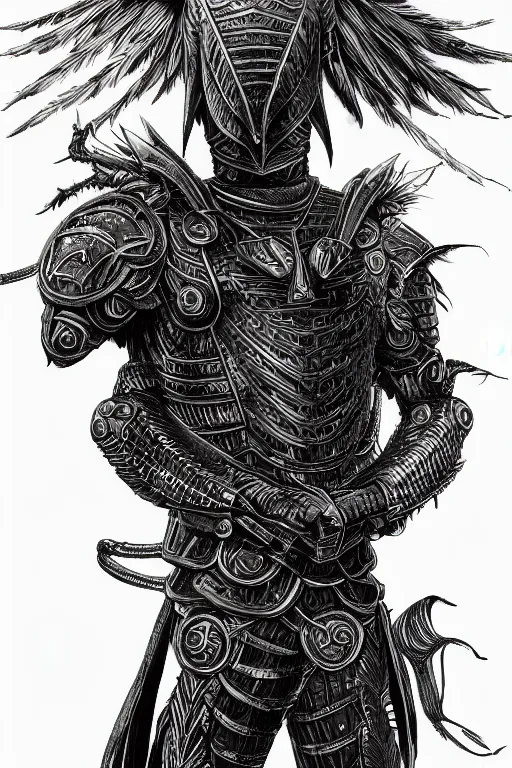 Image similar to armoured human, crow armour, symmetrical, highly detailed, digital art, black feathers, sharp focus, trending on art station, kentaro miura manga art style