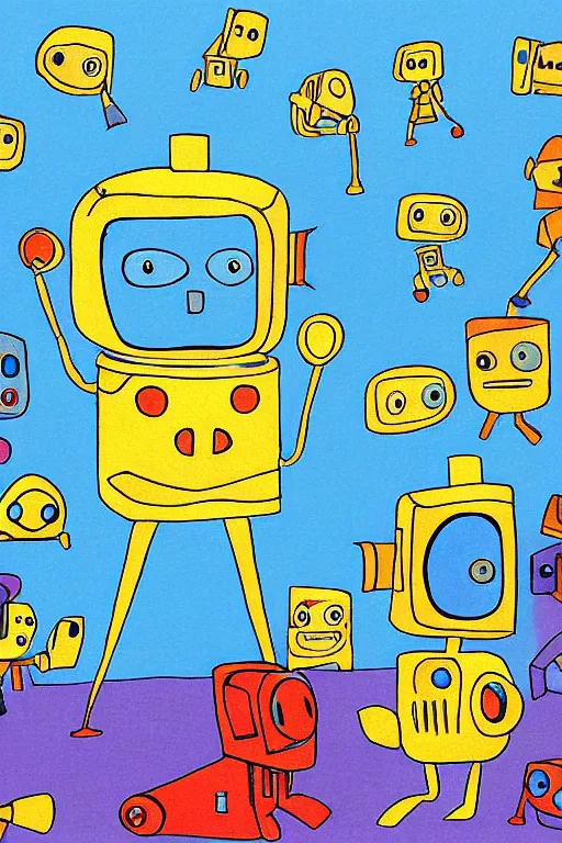 Prompt: children's book illustration of robots watching tv by margret rey