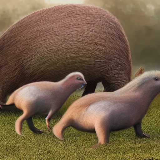 Prompt: capybaras vs emus, concept art, hyper realistic, beautiful, cinematography, 4k