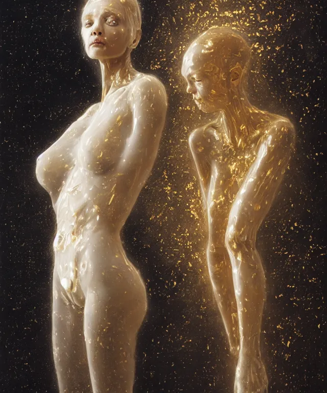 Image similar to Beautiful full-body wax sculpture of glowing transparent woman with visible gold bones covered with melted white candle wax inside the singularity where stars becoming baroque folds of black matter by Michelangelo da Caravaggio, Nicola Samori, Ilya Repin, Alex Grey, William Blake, Beksinski and Greg Rutkowski, dramatic volumetric lighting, highly detailed oil painting, octan render, 8k, masterpiece