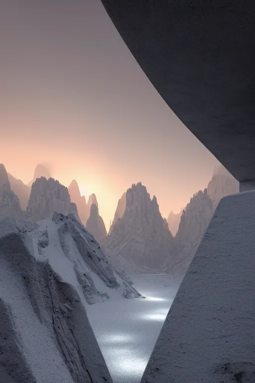 Image similar to sci - fi concrete brutalist architecture in the italian craggy dolomites, snowfall, rutkowski, zaha hadid, beksinski, oil painting, photoreal, highly detailed, 8 k, hd, vray, artstation, cinematic matte painting, extreme detail photo quality, sunset, light falling snow, featured on behance