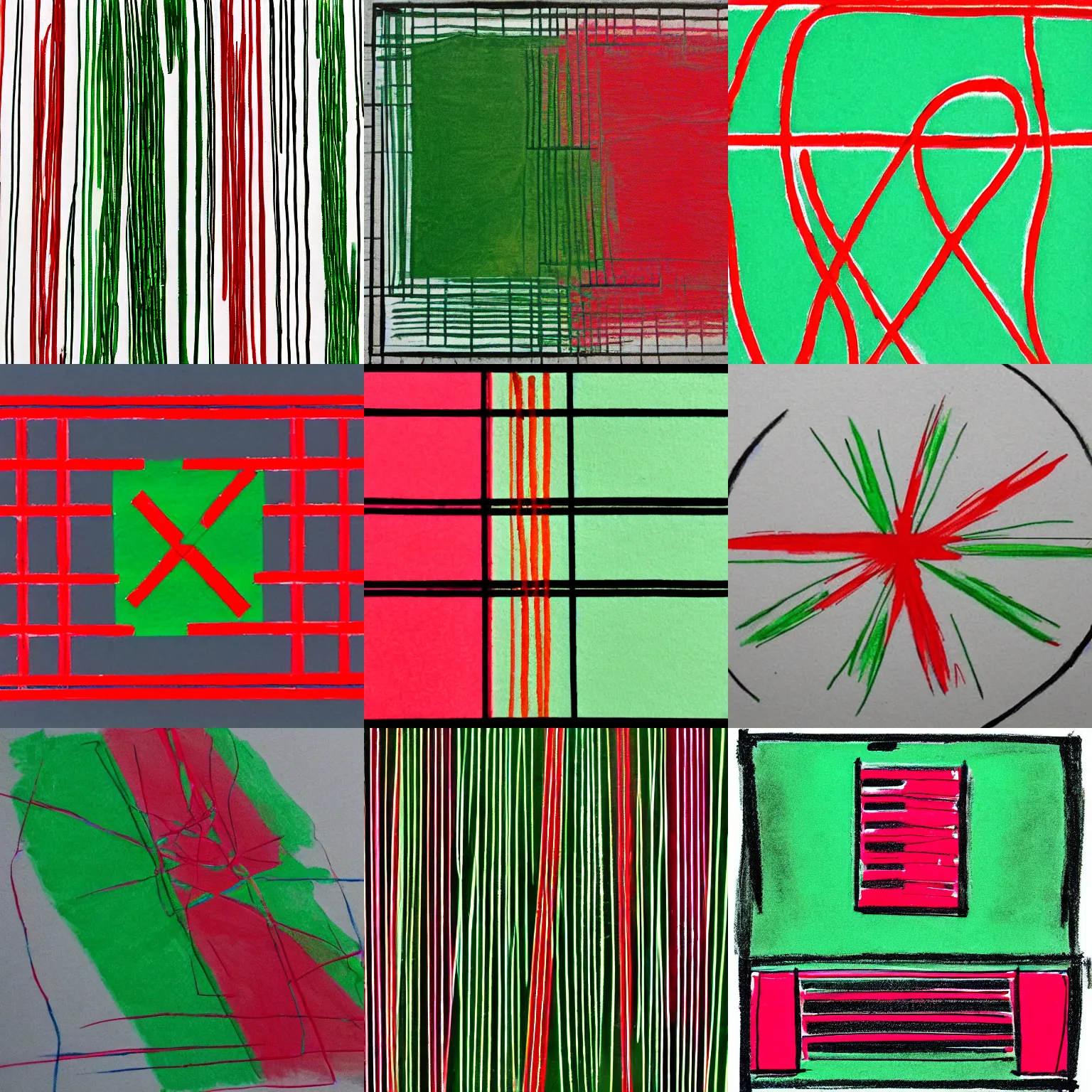 Prompt: seven perpendicular red lines drawn using green and transparent ink