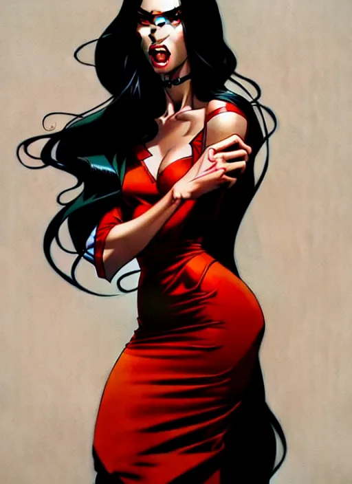 Image similar to artgerm, joshua middleton comic cover art, full body pretty megan fox vampire sharp teeth, red dress, symmetrical eyes, symmetrical face, long curly black hair, dark castle background background, cinematic lighting